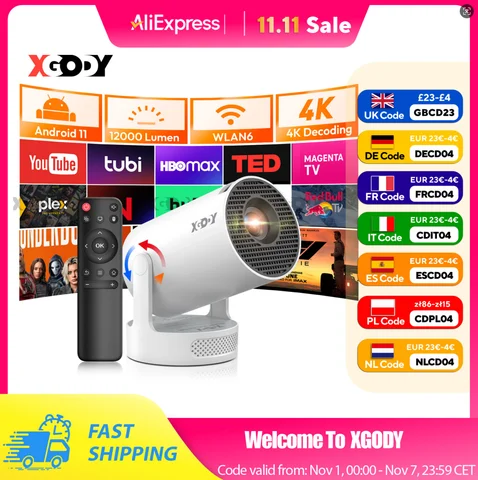 Projektor LED XGODY 4K 1080p o jasności 12000 lumenów, przenośny system kina domowego WiFi 6 Bluetooth 5.0 do rozrywki