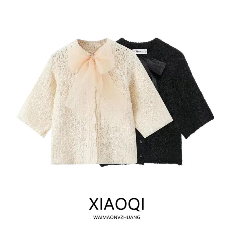 

Women's Knitted Hard Tulle Knot Decorated Transparent Top New Autumn Winter Commute Sle ort Sve Regular Length