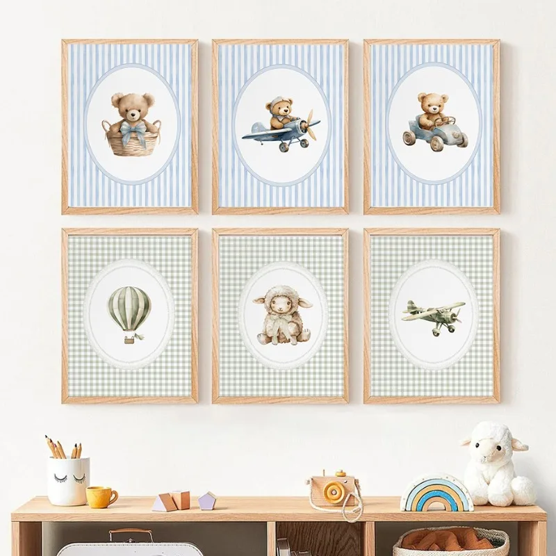 Vintage Hot Air Balloon Baby Sheep Cow Teddy Bear Plane Poster Canvas Painting Print Wall Art Sage Green for