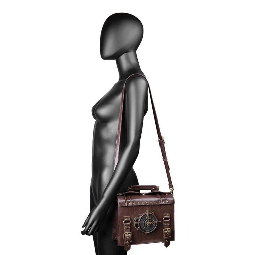 Steampunk Briefcase for Women Vintage Handbag Tote Clock Shoulder Wallet PU Leather Square Messenger Side Crossbody Bag Suitcase