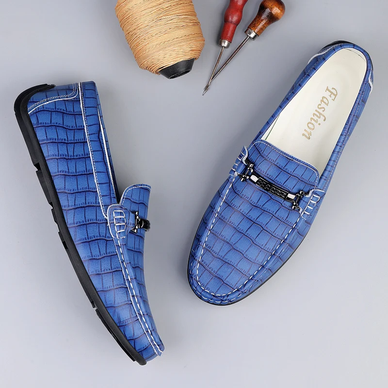 

Men's Crocodile Embossed Loafers, PU Leather Slip on Driving Shoes with Metal Buckle, Black/Green/Blue/Orange Casual Shoes
