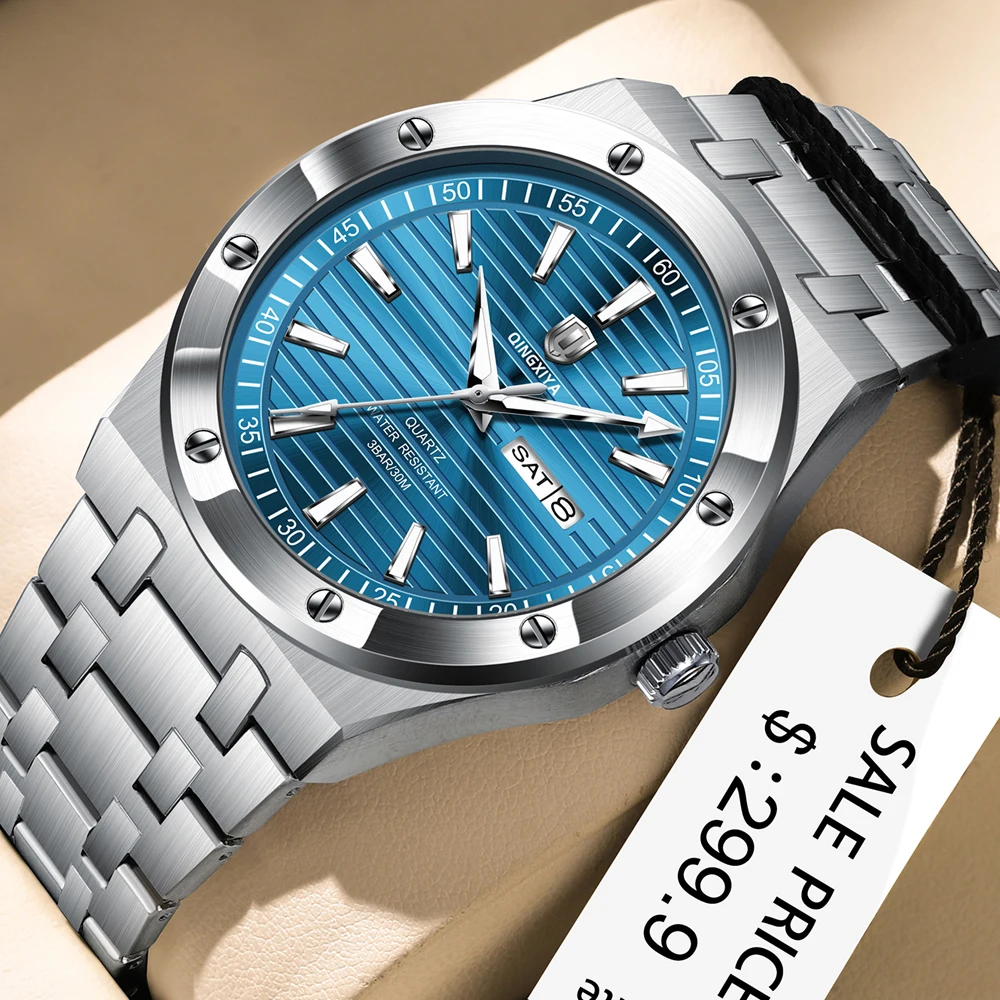 

QINGXIYA Фирменные новые роскошные кварцевые часы из нержавеющей стали, водонепроницаемые, светящиеся, с датой недели, мужские часы, деловые мужские часы reloj hombre