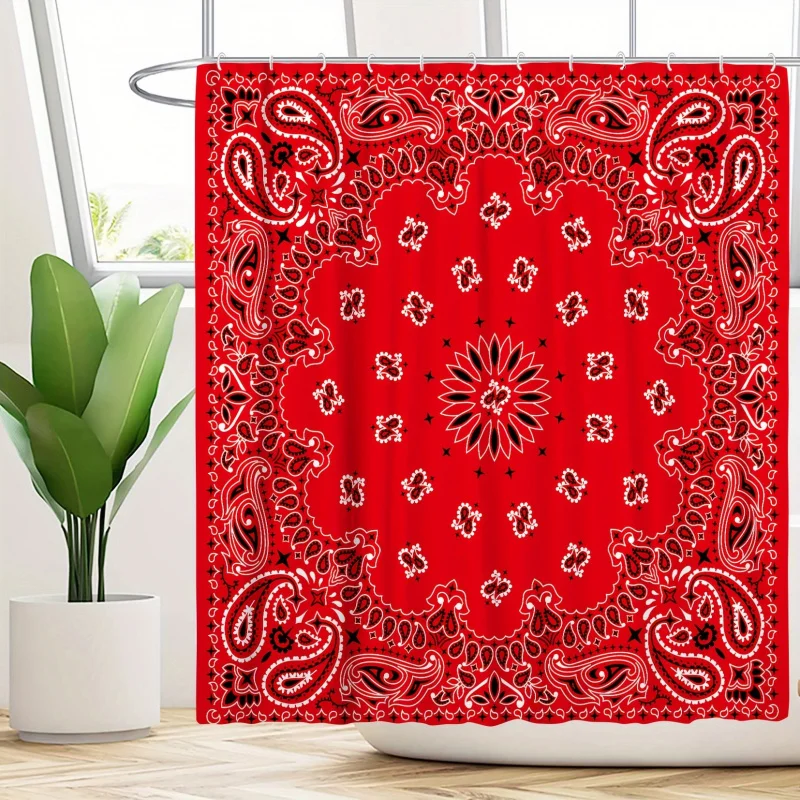 1 Retro Red Bottom Cashew Flower Pattern Tufted Bathroom Shower Curtain Four- Toilet Three-piece Set