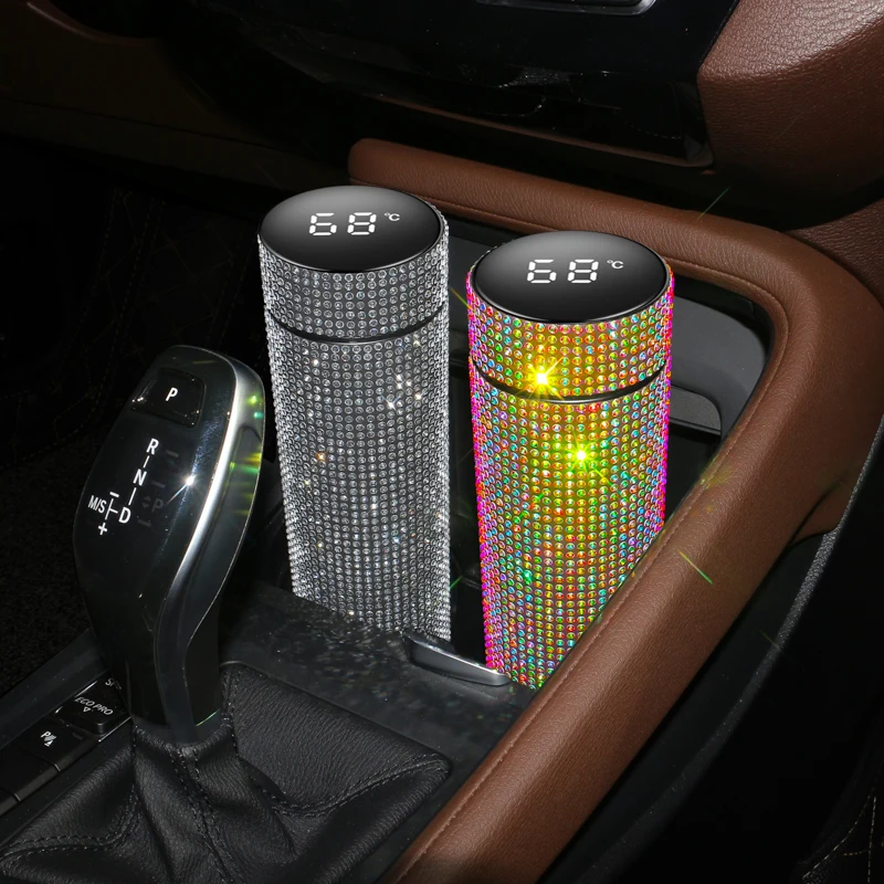 Rhinestone Diamond 500ml Coffee Cup Car Tumbler Vacuum Flasks Temperature Display Thermos Bottle Stainless Steel Water Bottle