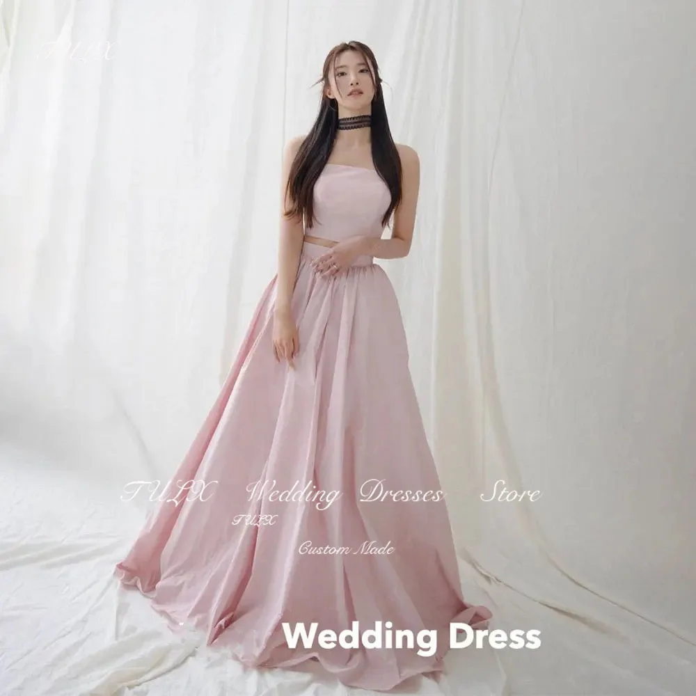 TULX 2025 Simple Korea Pink 2pcs Wedding Dress Photo Shoot Taffeta A Line Long Bridal Gown Strapless Sleeveless 웨딩드레스 Zip Back