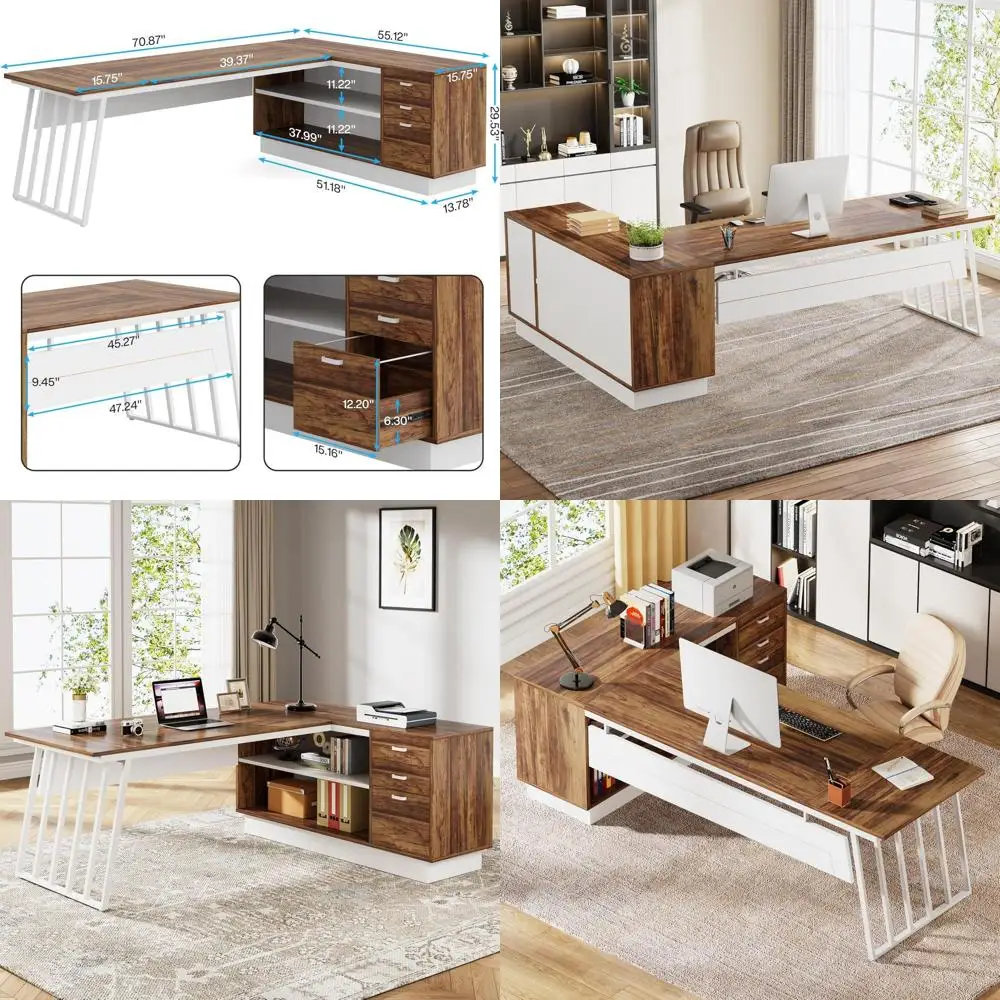 

71-дюймовый представительский стол, L-образный стол с тумбой, большой офисный стол с ящиками и полками для хранения, письменный стол, компьютерный стол