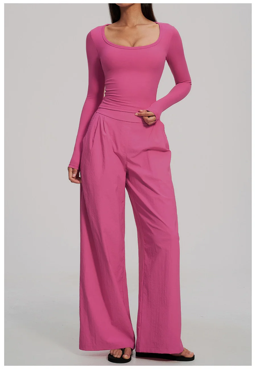 2-teiliges Yoga-Set für Damen, Langarm-Fitness-Oberteil, Trainingsanzug, Sportbekleidung, High-Waist-Hose mit geradem Bein, Fitness-Sportanzug – Detail 10
