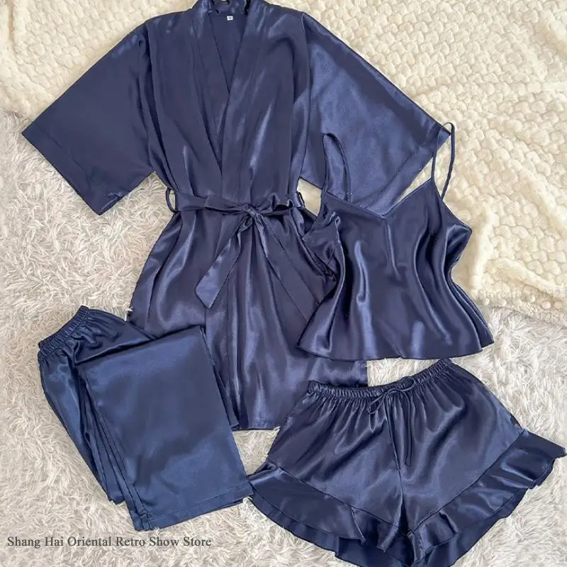 Spring Summer New Women Pajama Four Piece Suit Sleepwear Silky Satin Kimono Bathrobe Trouser Suits Loose Home Clothes Loungewear - Image 6
