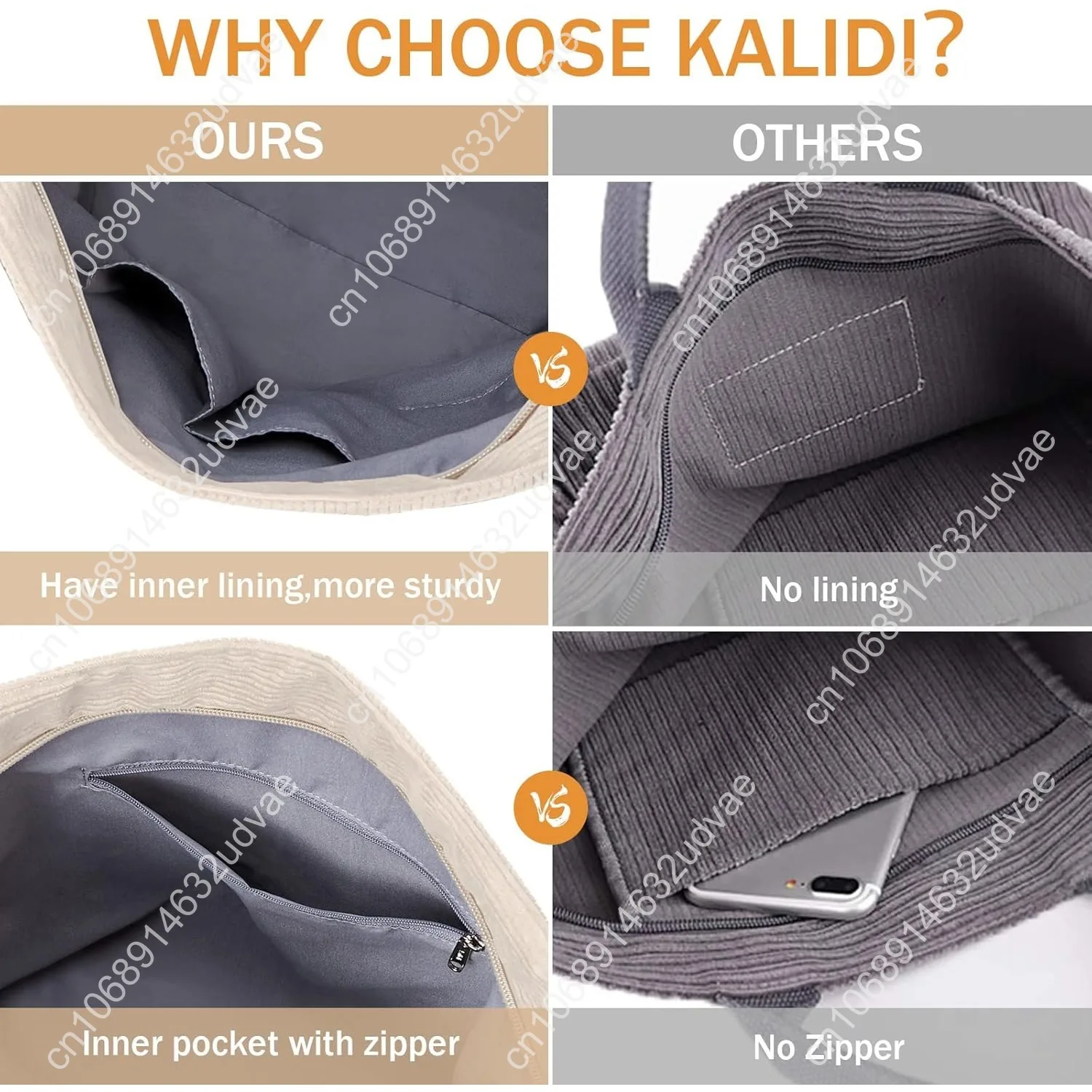 KALIDI Corduroy Tote Bag, Large Messenger Bag Shoulder Hobo Anti Splash Crossbody Zipper Bag Casual Work Shopping Women