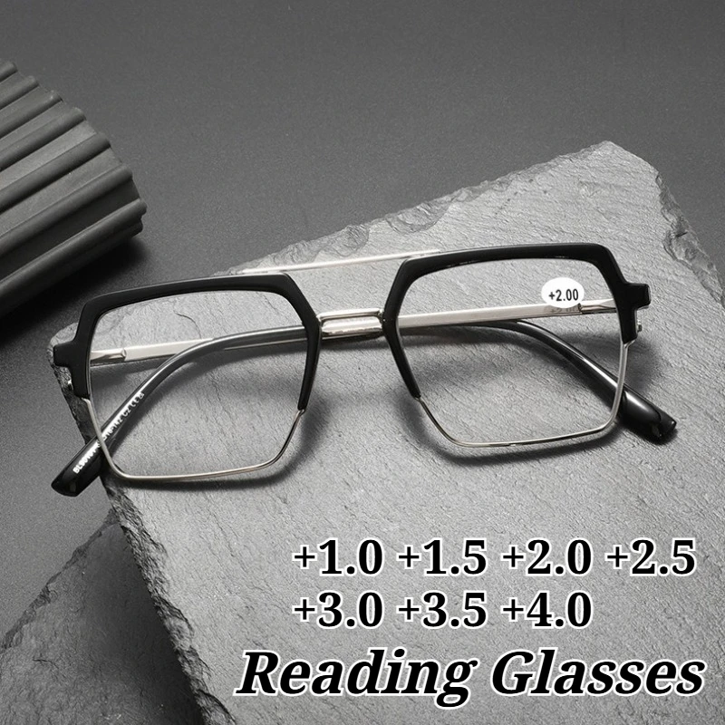 

Exquisite Metal Double-Bridge Polygonal Presbyopia Glasses Stylish High-Definition Reading Eyewear Diopter +1.0 To +4.0