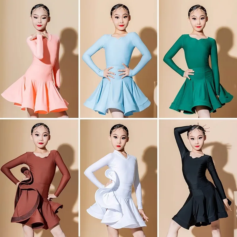 Saia de dança latina infantil, preta personalizada, padrão, desempenho profissional, reglamentos de competição, vestido para meninas