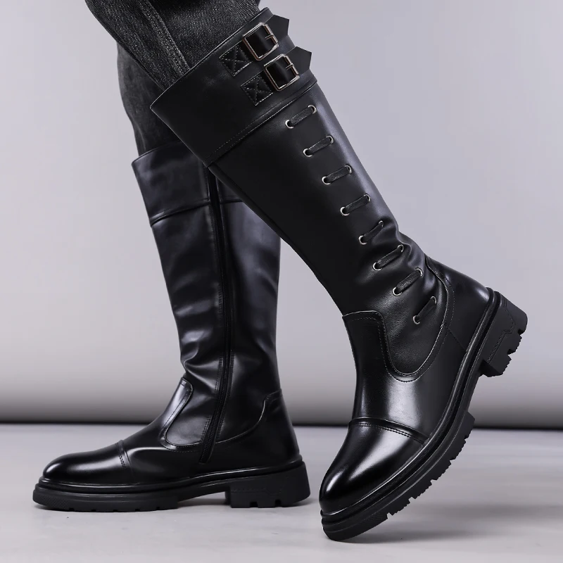 men casual punk stage high motorcycle boots designer original leather shoes cowboy platform boot handsome long knight botas male