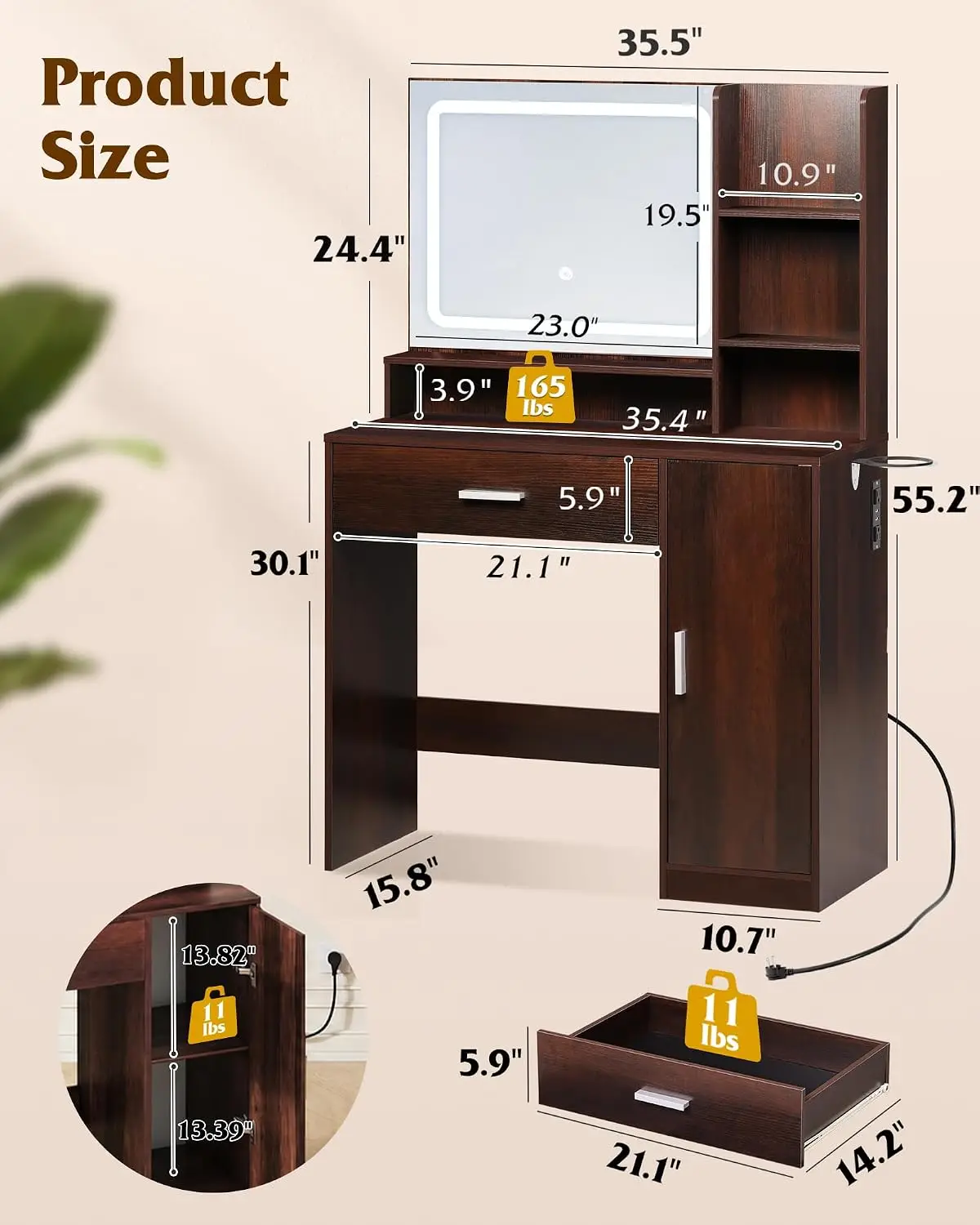 Brown Vanity Desk with Mirror and Lights, Makeup Vanity for Girls  Compact Wooden Vanity, LED Strip Mirror, , Customized