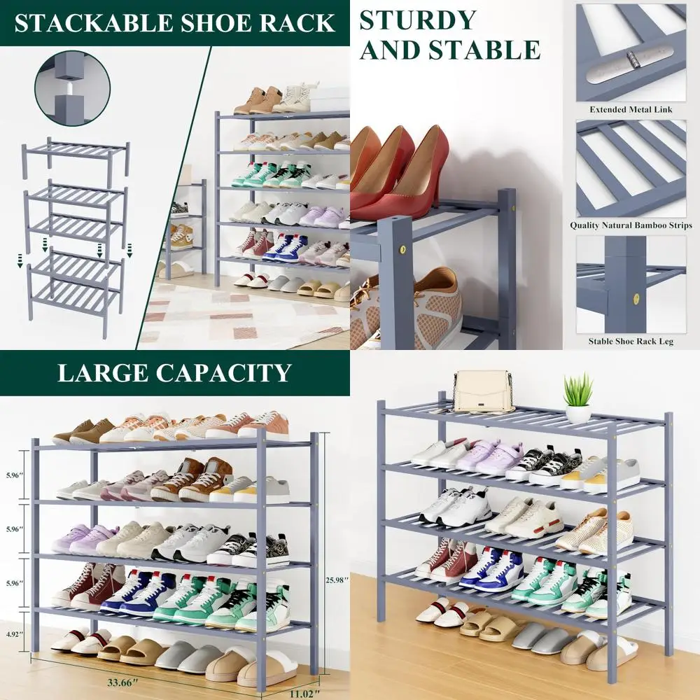 

4-уровневый бамбуковый органайзер для обуви, штабелируемая деревянная полка для хранения для шкафа, прихожей и входной двери, серый