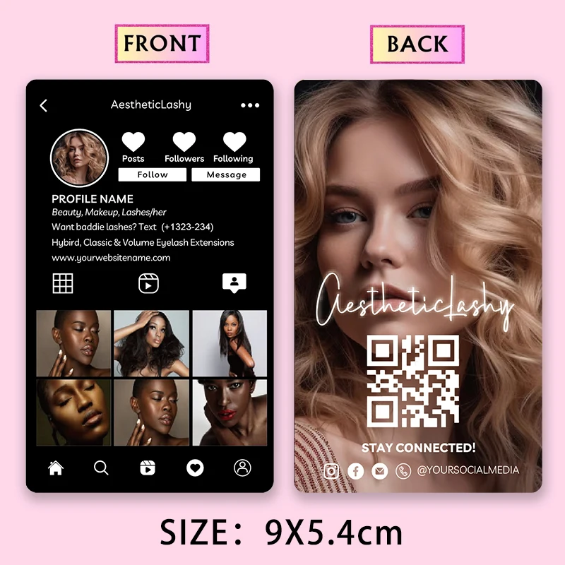 Custom Instagram luxury Business card Print Design Black Golden Social Media QR Code cards Personalized for Hair and nail salon