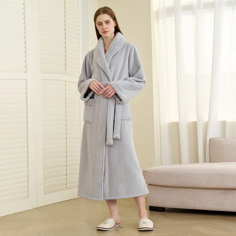 High-end Double-Layer Thickened Flannel Robe for Women, Winter New Arrival, Extended Length, Stylish Short Fluff Warm Bathrobe