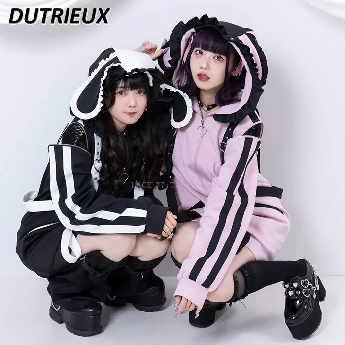 Cartoon Ears Hooded Sweatshirt Jacket Women\'s Japanese Harajuku Zipper Off-Shoulder Love Mid-Length Hoodie Coat Autumn Clothes