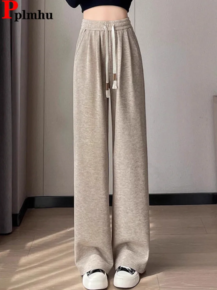 

Весна-Осень Новые свободные прямые брюки Корейская мода Эластичные спортивные штаны с высокой талией и широкими штанинами Женские повседневные однотонные брюки на шнуровке