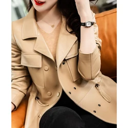 Leather Jacket Women 2023 Autumn Sheepskin Suit Collar Double-Breasted Waist Drawstring Casual Short Jaquetas De Couro Femininas