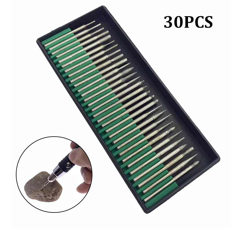 

30Pcs 3/2.35mm Shank Diamond Burs Set Diamond Grinding Needles Hand Tools for Engraving Glass Ceramic Polishing Sanding