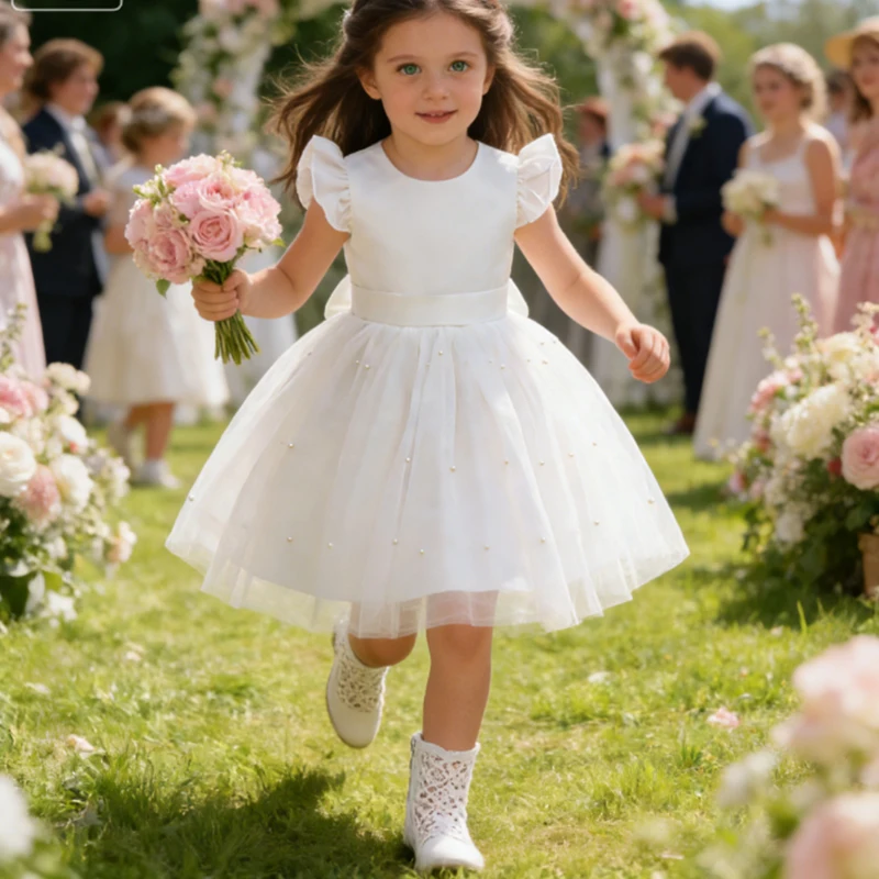 Weißes Hochzeits-Prinzessinnenkleid für Kleinkinder, süßes Mädchen, Geburtstagsfeier, Abschlussballkleid, 3–8 Jahre, Kinder, rückenfrei, Schleife, Perlenstickerei, Weihnachtskostüm