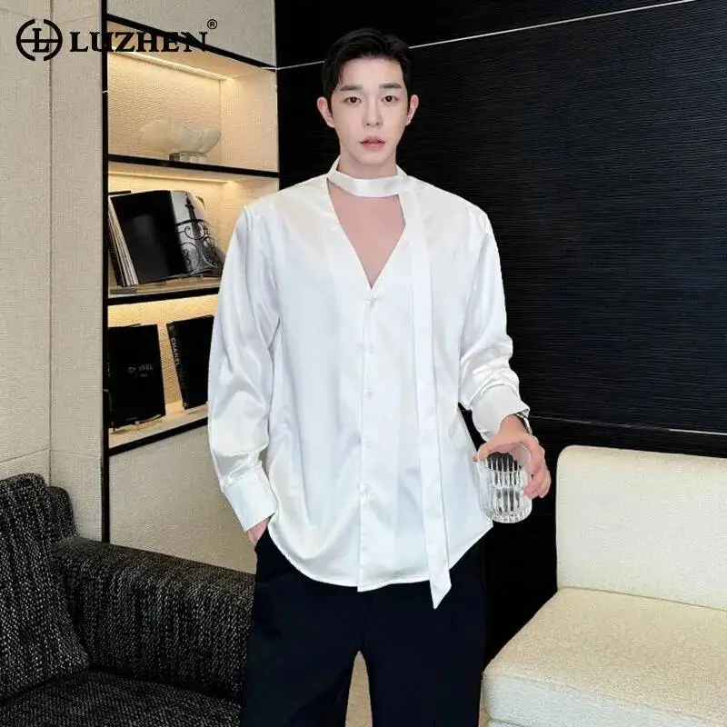 LUZHEN Satin Style Long 2026 Spring Quality French New High Sleeve Shirts Men Stylish Elegant Ribbon Decorate Casual Tops JY7742