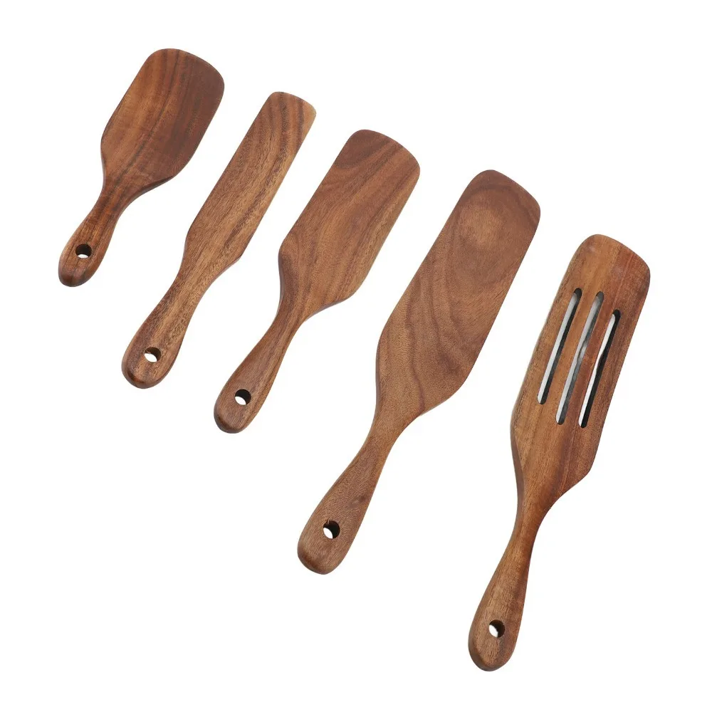 5Pcs Wood Cooking Spatula Solid Thin Flat Spatula Head Kitchen Turner Smooth Polished Heat Insulation Feature Cooking Shovel