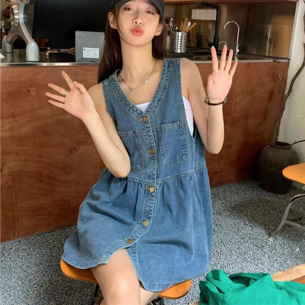 

Korean Style High Waisted Cowboy Strap Dress V-neck Loose Denim Camisole Dress Pleated Retro Sleeveless Short Dress Girls