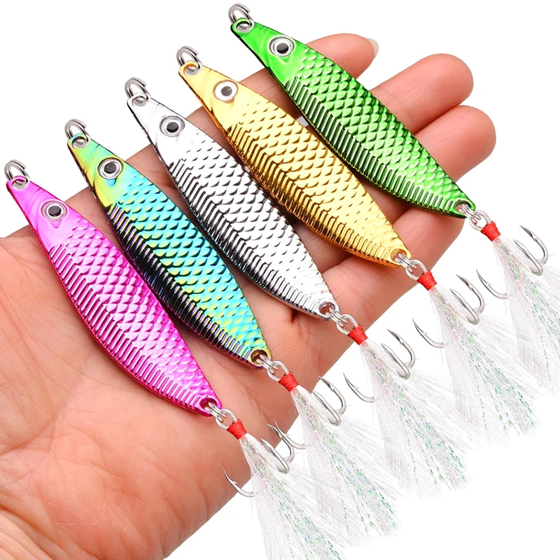 1Pc Metal VIB Leech Spinners Spoon Lures 15g Artificial Bait With Feather Hook Night Fishing Tackle For Bass Pike Perch