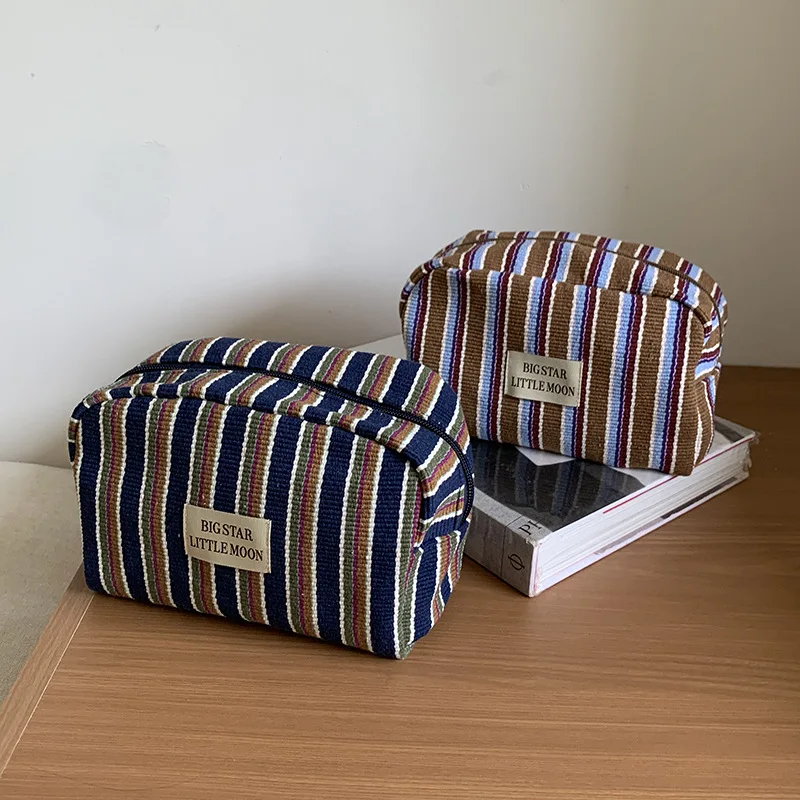 Retro Colorful Vertical Stripe Cosmetic Bag Large Capacity Zipper Makeup Pouch Portable Travel Sundries Storage Organizer case
