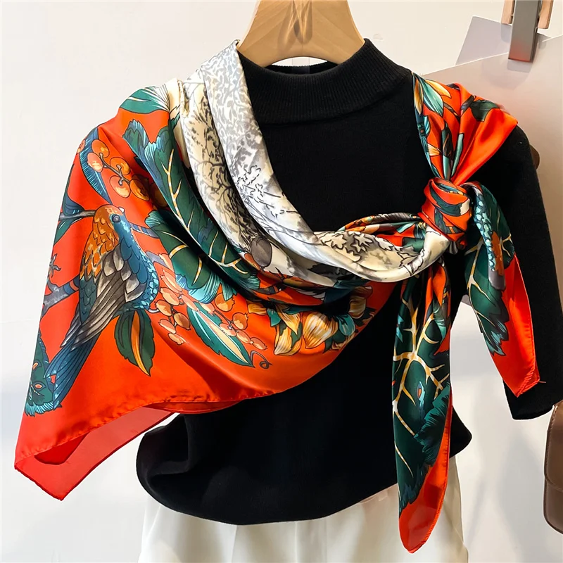 110cm New Square Scarf Women Spring Silk Shawl Satin Wrap 2023 Beach Stoles Headkerchief Large Big Fashion Design Hijab Bandana