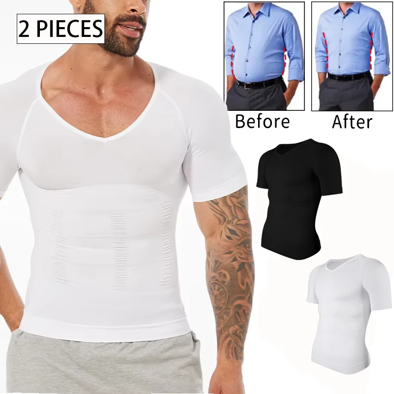 2PCS Men's Body Shaper Tummy Control Vest Slimming Shirt Compression Base Layer Slim Muscle Short Sleeve Breathable Shapewear