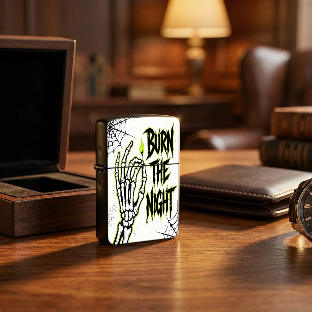 lighters vintage Flip Top Lighter, Burn The Night Skeleton Hand Match Spider Web Halloween Pattern lighters for smokers