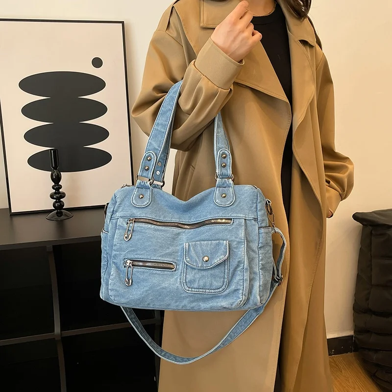 Retro Washed Denim Crossbody Bag Women's Casual Fashion Handbag Commuter Single Shoulder Bag Stylish Compact Purse