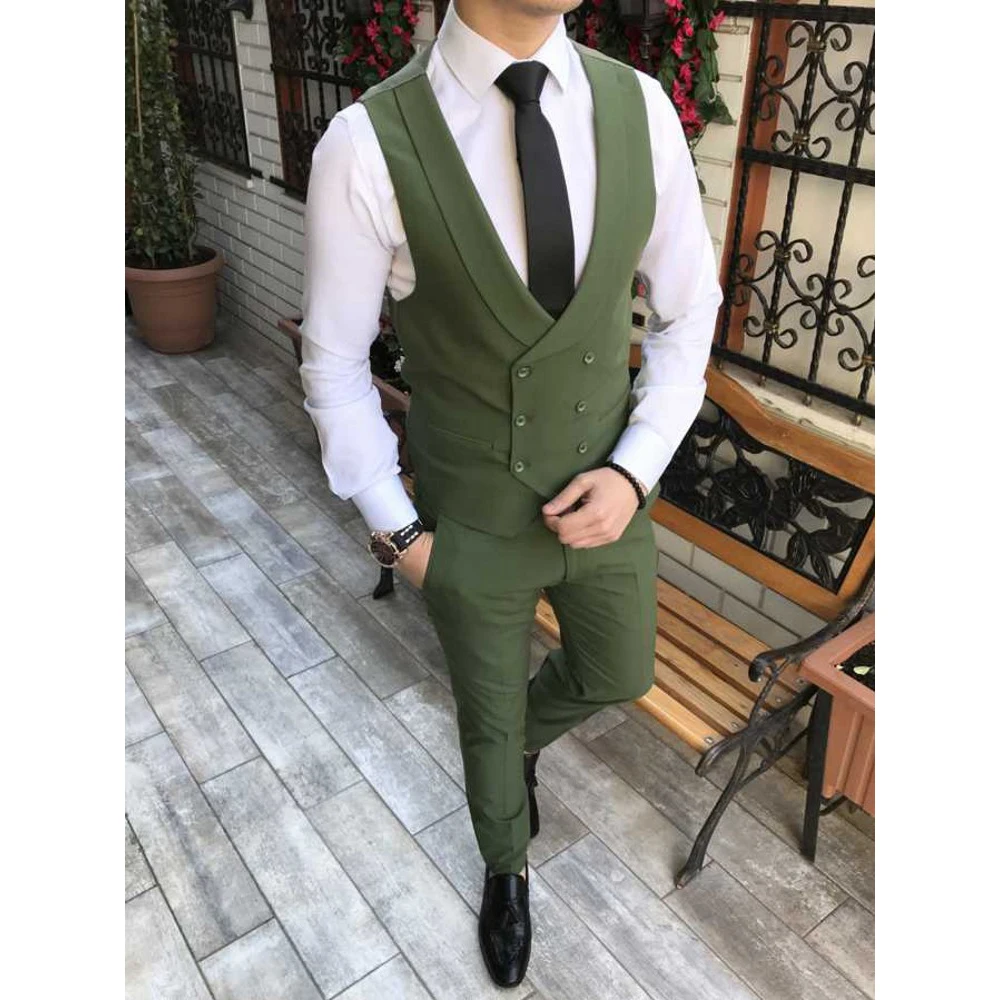 Custom Made Men Suits Olive Green Groom Tuxedos Notch Lapel Groomsmen Wedding Best Man 3 Pieces Jackets Pants Vest Costume Homme