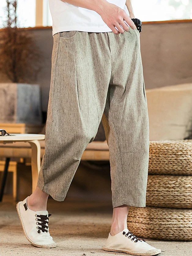 

Khaki Linen Cotton Men's Summer Ice Silk Seven-Foot Wide Leg Casual Harem Pants Loose Fit Straight Cut Trousers Faion Brand