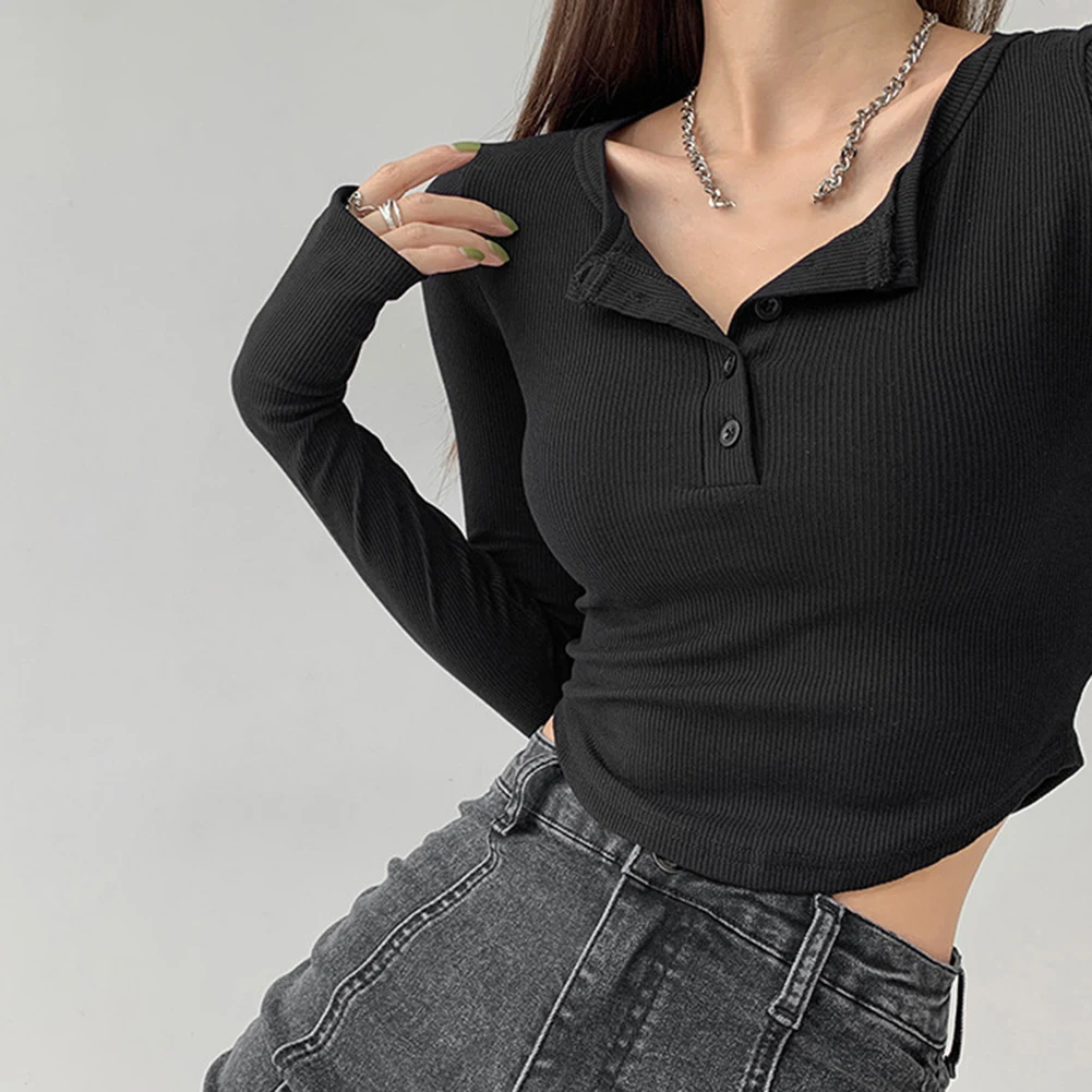 사계절 폴리에스테르 혼방에 적합한 세미 오픈 넥 짧은 탑이 있는 캐주얼 긴 소매 여성용 티셔츠