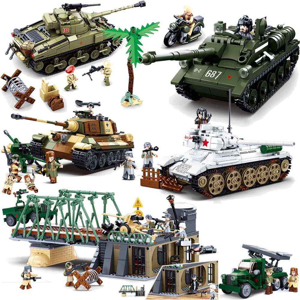 Military WW2 Normandy Landings Cannon Assault Armored Vehicle Battle Tank Car Truck Army Figure Weapon Building Blocks Model Kid