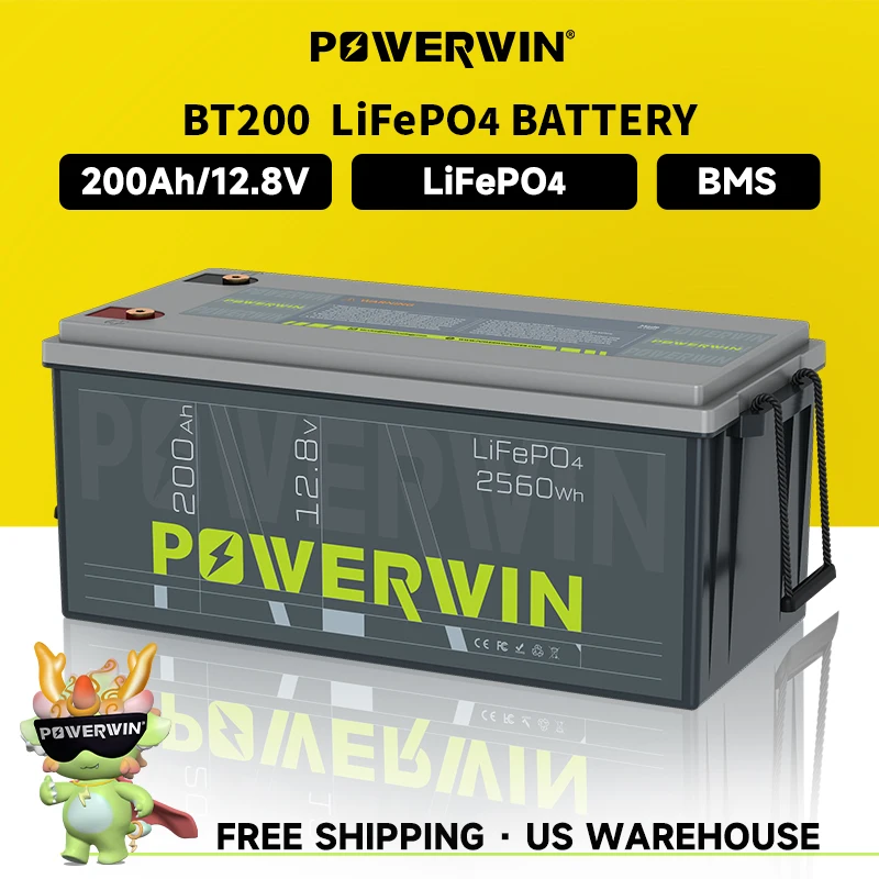 POWERWIN BT200 12.8V 200Ah LiFePO4 Battery 2560Wh Built-in BMS GradeA Cell 4000+ Deep Cycle Rechargeable Solar Power Inverter RV