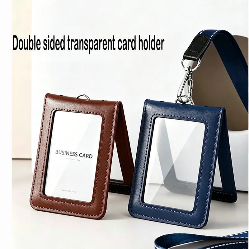 Unisex Cowhide Folding ID Card Holder 4 Side Transparent Window Campus Work Bus Subway Travel Badge Case with Lanyard