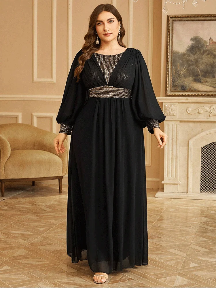 Plus Size Long Sleeve Mesh Floor-Length Evening Dress 4xl 5xl Big Size Black Long Sleeve Chiffon Sequin Floor-Length Prom Gown