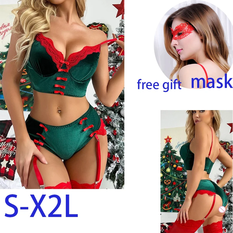 NEUE Plüsch frauen Sexy Santa Weihnachten Dessous Set Babydoll Spitze Chemises Nachtwäsche