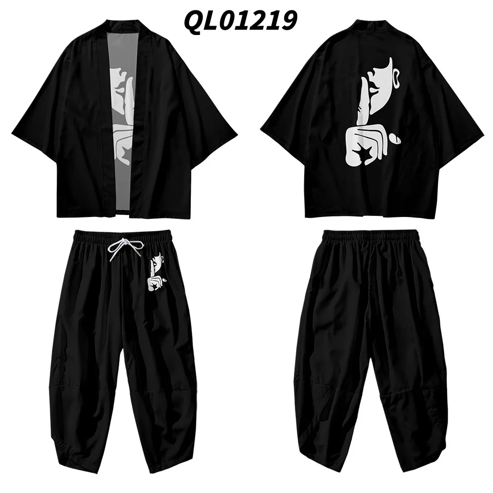 

Black Print 2pcs Suit Plus Size Loose Japanese Samurai Harajuku Kimono Cardigan Women Men Cosplay Yukata Tops Pants Set