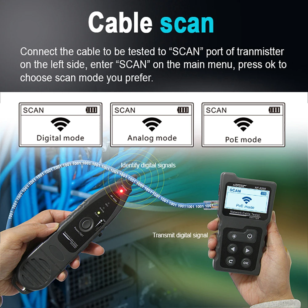 NOYAFA-probador de cables de NF-8209, herramienta de medición de longitud, Lan, POE, prueba de escaneo, pantalla LCD, comprobador de cables, mapa de