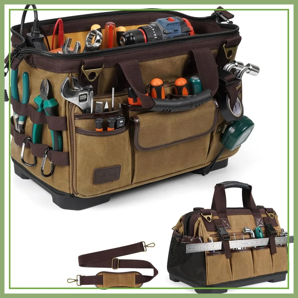 

16 In Heavy Duty Tool Bag, 31 Pockets Waxed Canvas，Waterproof Hard Bottom, Wide Mouth Portable Organizer for Mechanics,Plumbers