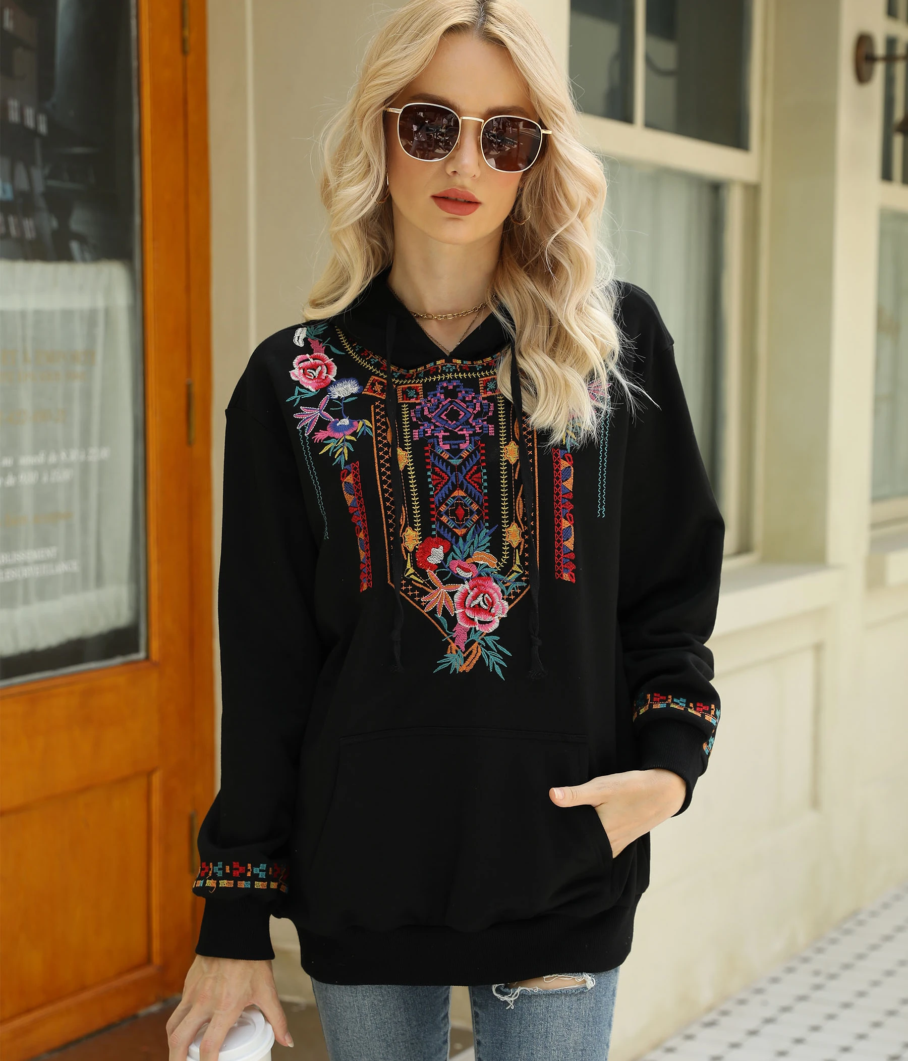 TEELYNN Long Sleeve Knit Sweatshirts for Women tops Casual Pullover Jumper Spring/Autumn 2023 Boho Floral Embroidery Hoodies