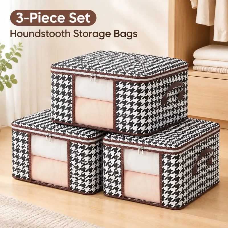 3Pcs Houndstooth Foldable Fabric Storage Bins,Clear Window & Flip Lid, Zipper & Carry Handles, for Clothes Bedding,Dorm Wardrobe