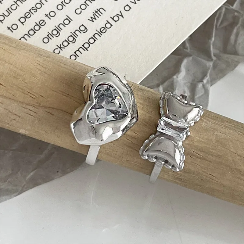 Anello da dito aperto in argento Sterling 925 geometrico irregolare trasparente cuore Punk per le donne ragazza gioielli regalo Dropship all'ingrosso