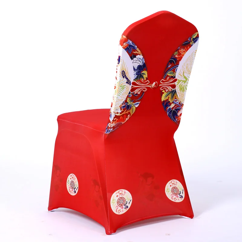 Banquet Wedding Printing Chinese Characteristics Elastic Conjoined Red Chair Cover For Hotel