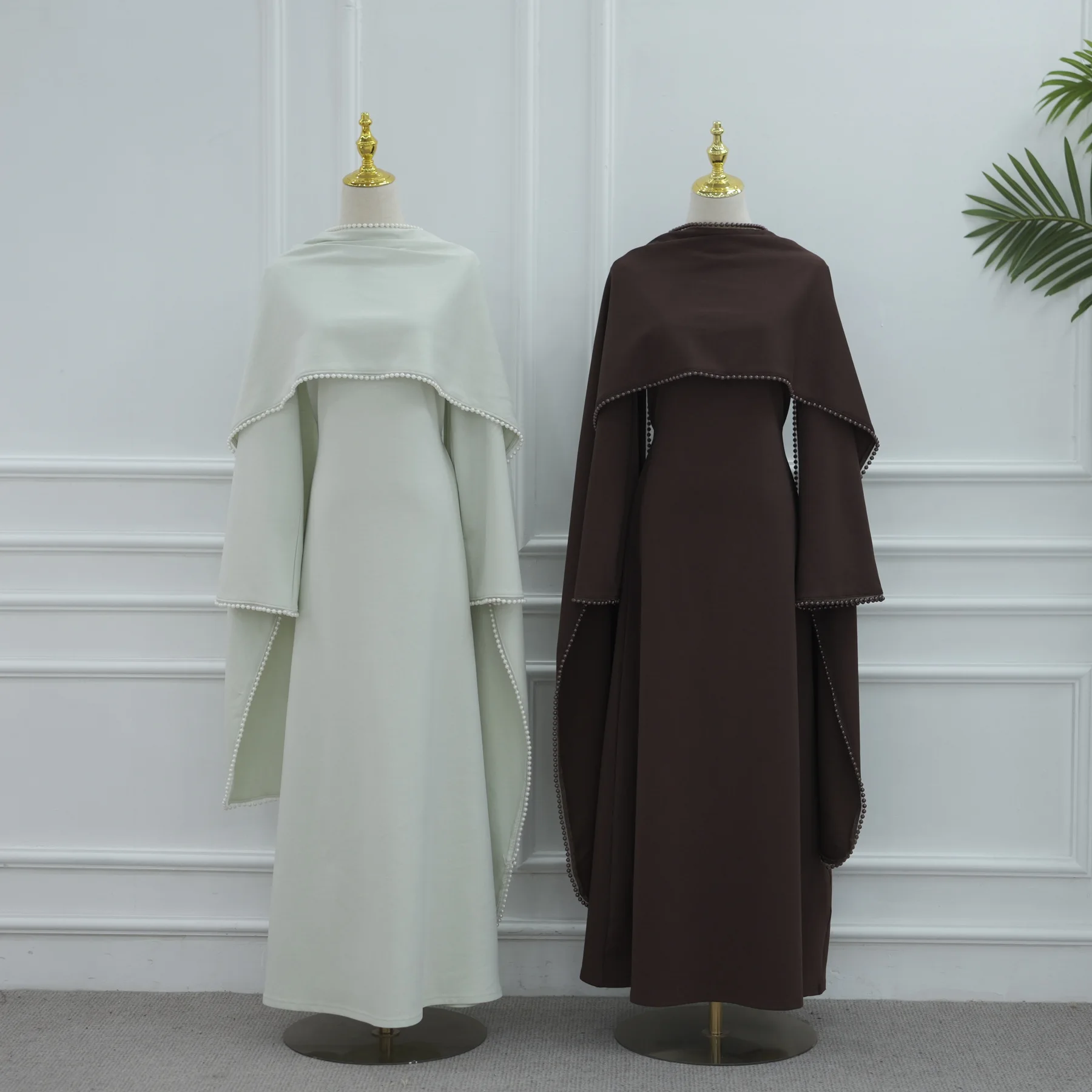2PCS Elegant Evening Shawl Cape Long Dress Women Pearl Robe Female Fashion Muslim Dresses Dubai Cloak Abaya Turkey Kaftan Gown